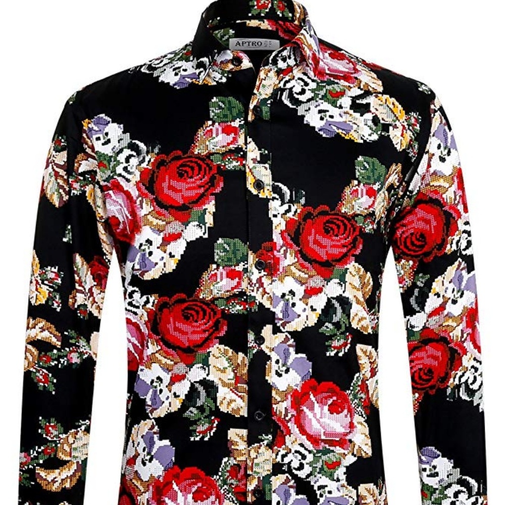 Men Black Floral Long Sleeved Shirt Shirt XL